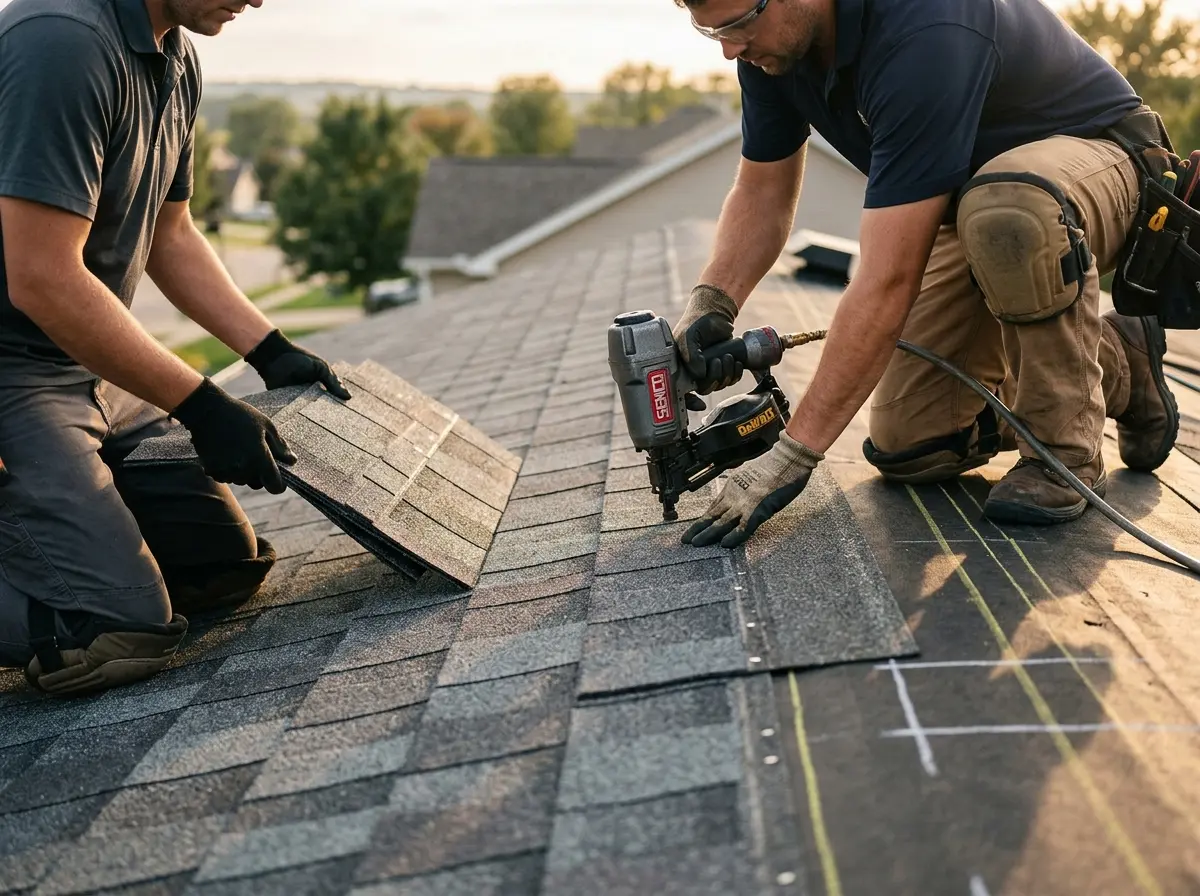 Professional roofer working on a residential roof in Willis